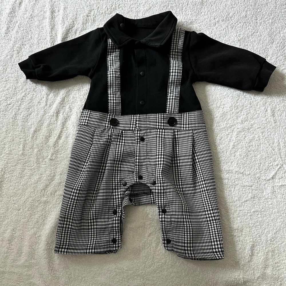 Black and White Baby Romper with Suspenders